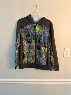 OshKosh B'gosh Gray Hooded Zip Jacket with Blue & Green Pattern